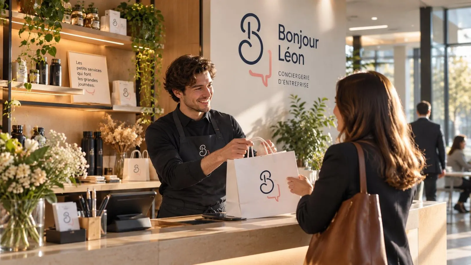 Une concierge accueille une collaboratrice au comptoir