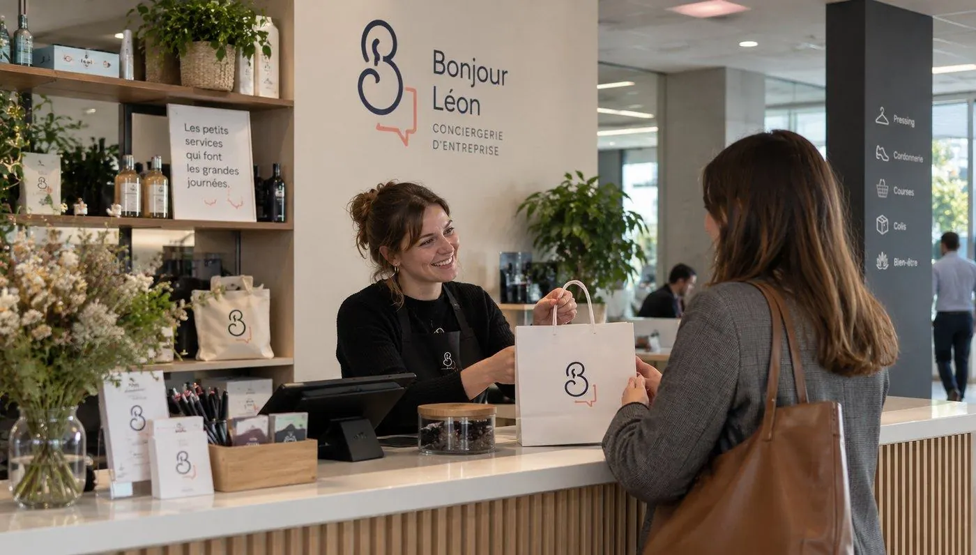 Une concierge remet un sac à une collaboratrice, au comptoir