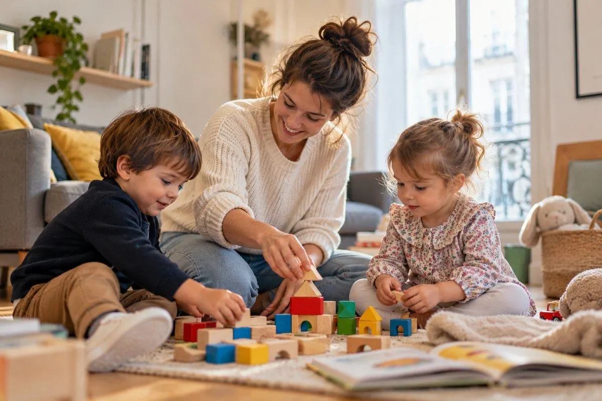 Une baby-sitter joue avec deux enfants, dans un salon