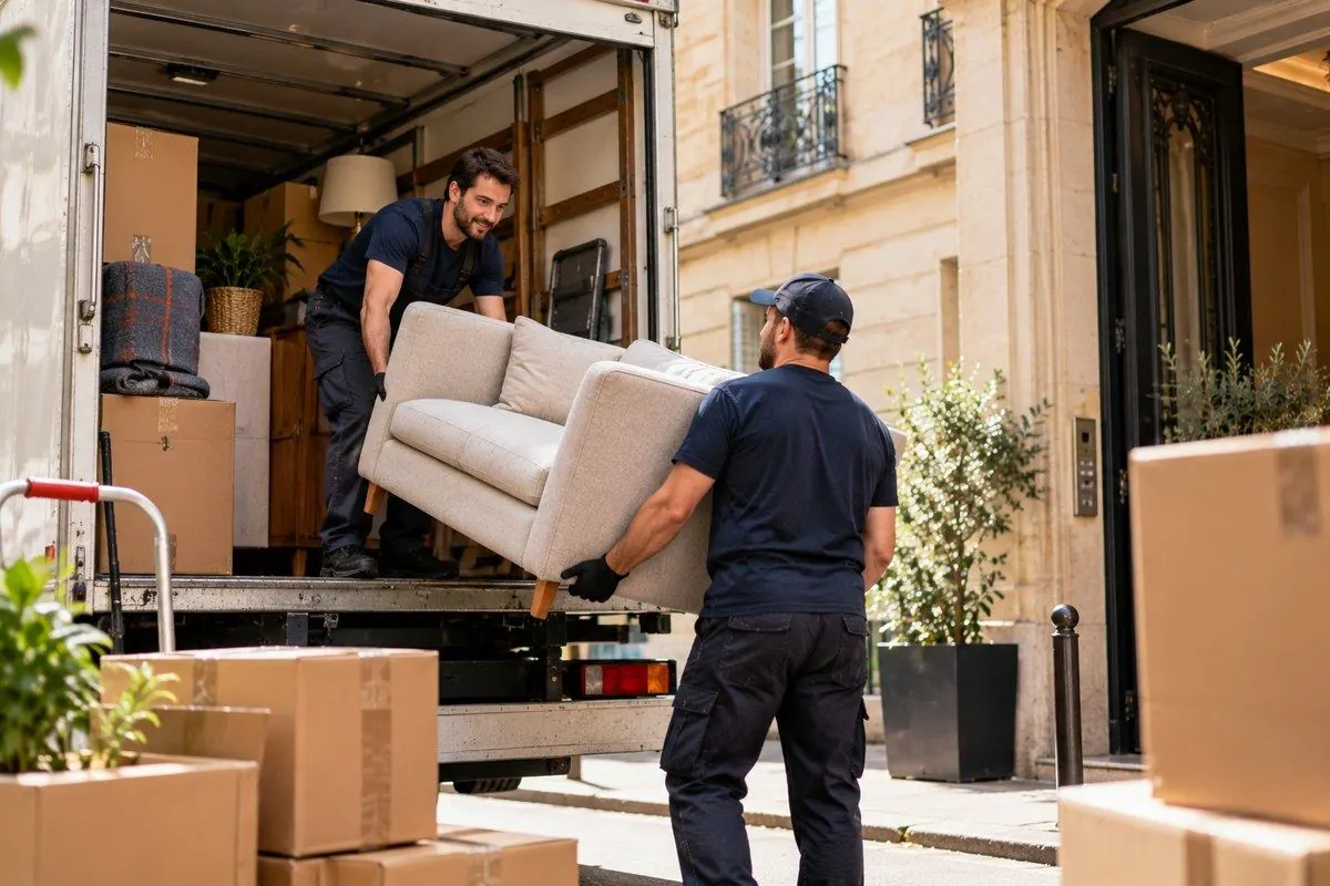 Deux déménageurs chargent un canapé dans le camion