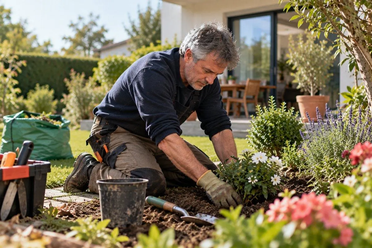 Un jardinier plante un massif de fleurs devant une maison