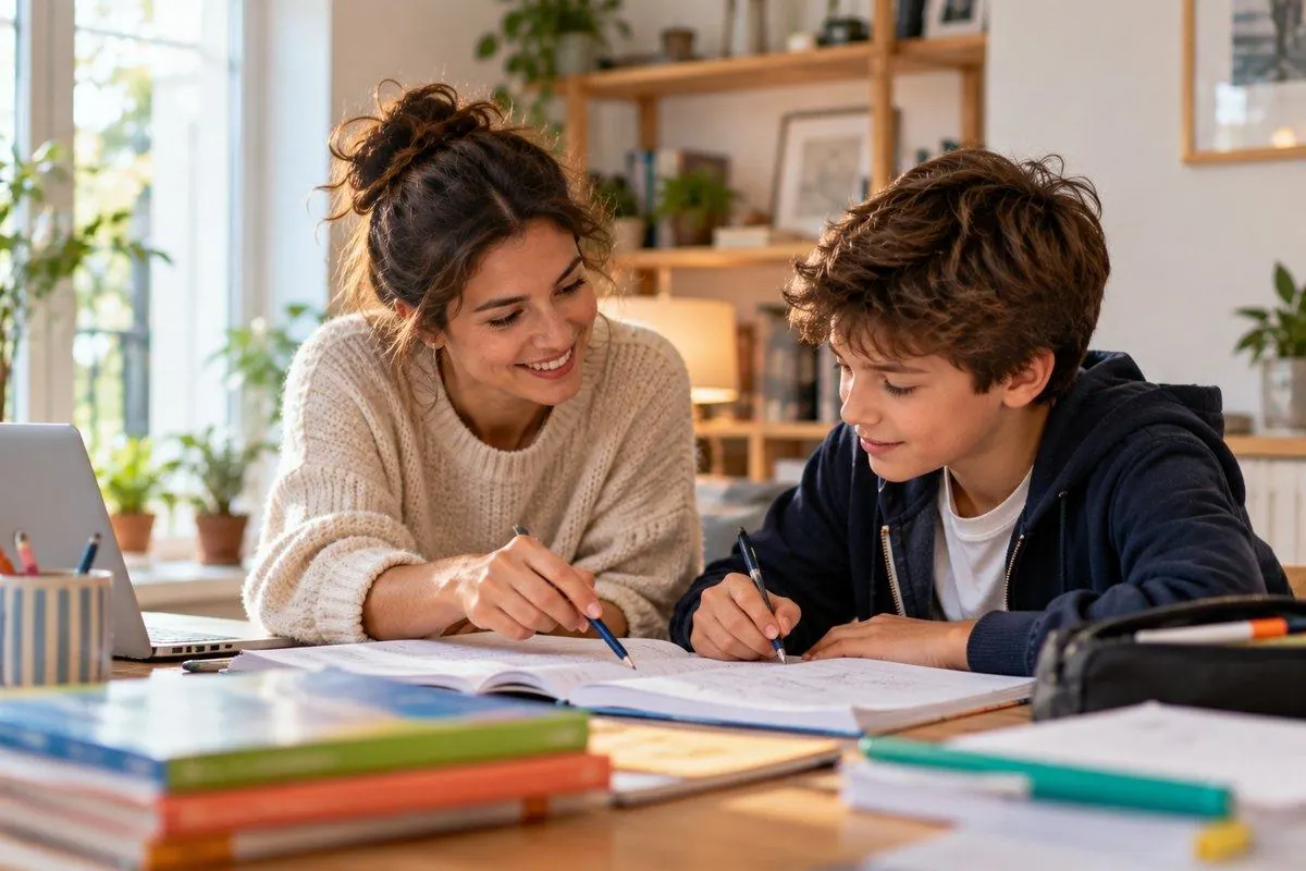 Une professeure aide un adolescent à faire ses exercices