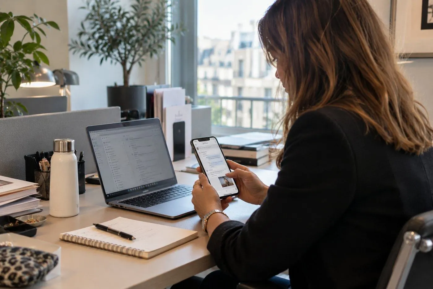 Une collaboratrice échange avec son concierge depuis son téléphone