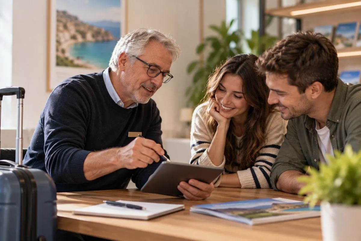 Un conseiller présente un itinéraire sur tablette à un couple